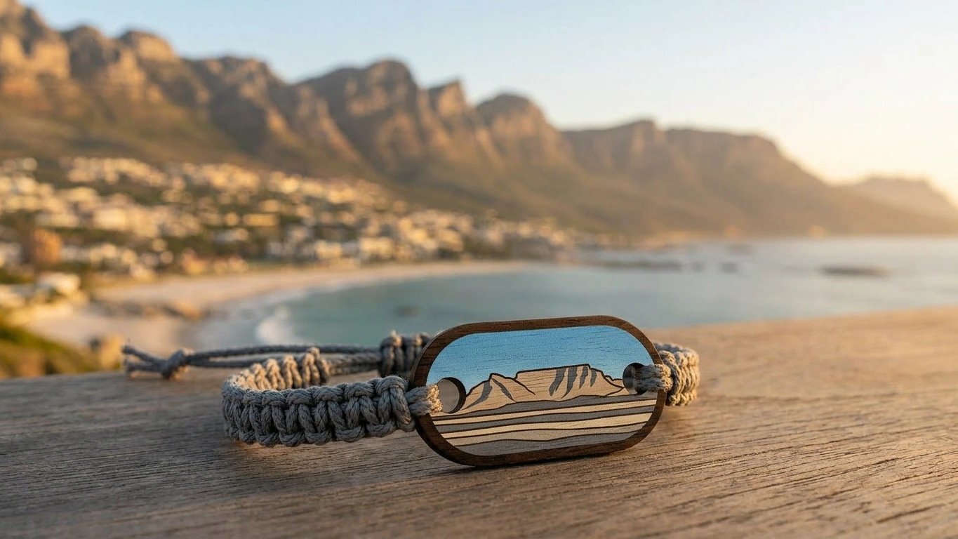 Table Mountain sandstone wooden RFID wristband by PrintPlast on a Camps Bay terrace with the Twelve Apostles range behind — Cape Town Collection for hotels