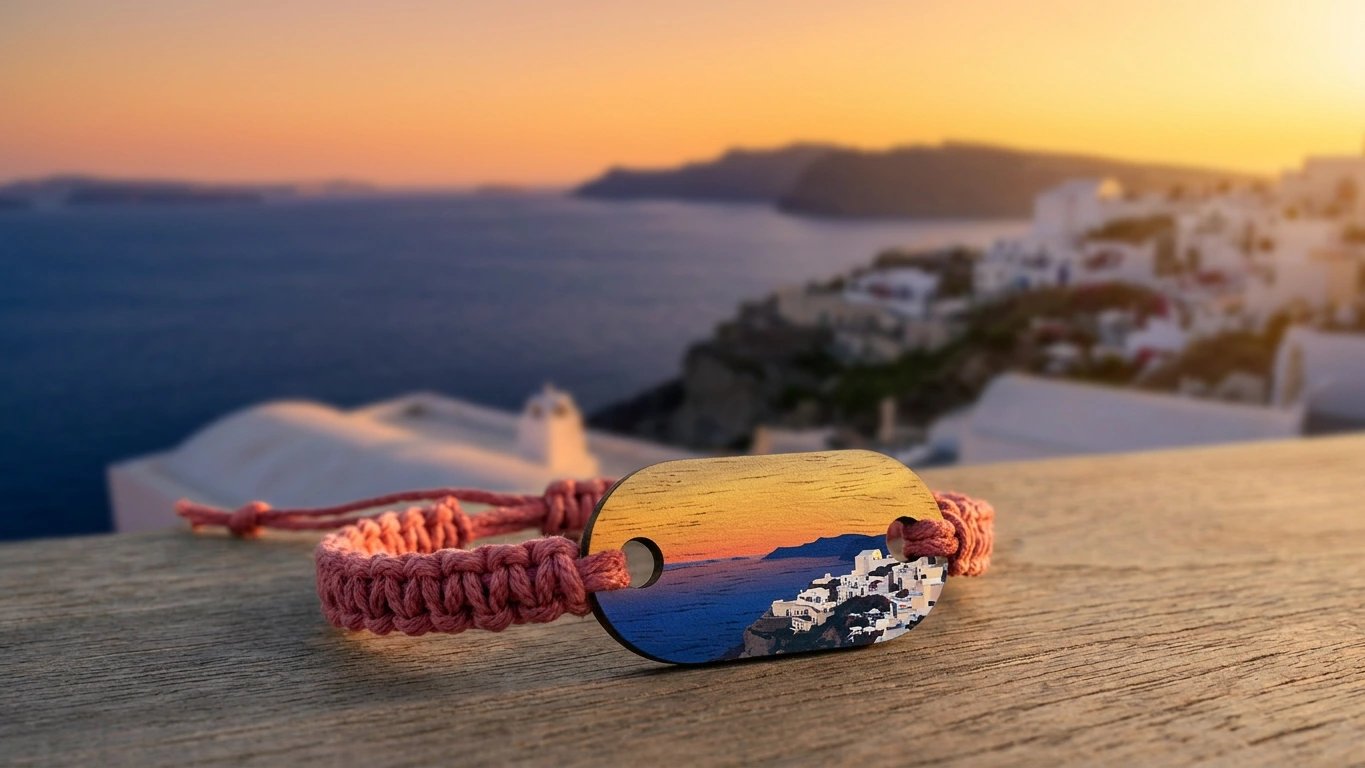 Anacapri sunset wooden RFID wristband by PrintPlast in warm gold and Tyrrhenian indigo — Capri Collection for honeymoon resorts