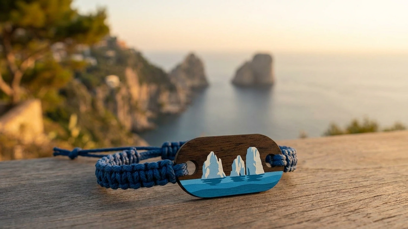 Faraglioni sea stack wooden RFID wristband by PrintPlast on a Capri cliff ledge with the Tyrrhenian sea behind — Capri Collection for hotels