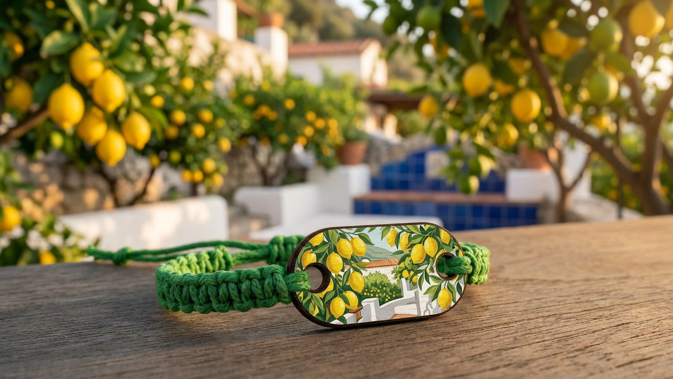 Capri lemon grove wooden RFID wristband by PrintPlast with terraced lemon trees behind — Capri Collection for resort F&B