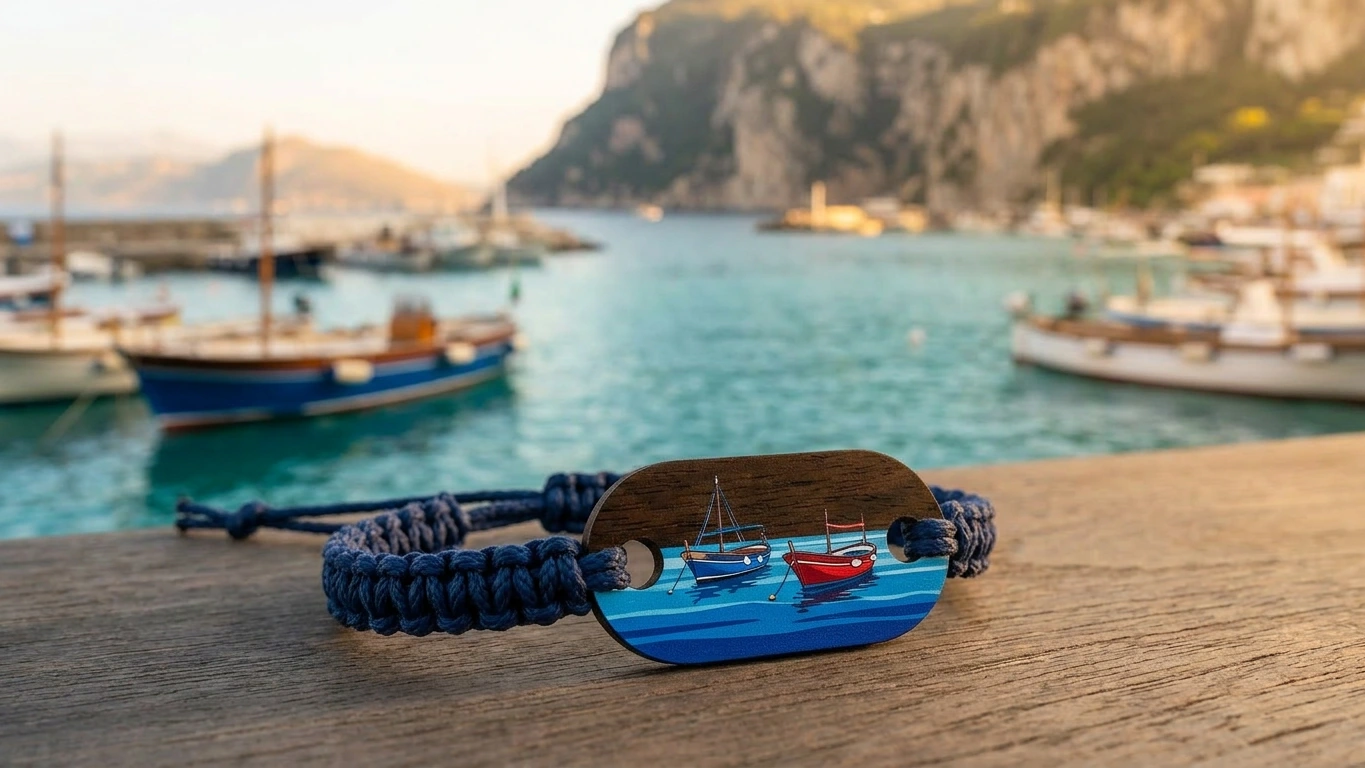 Marina Piccola azure wooden RFID wristband by PrintPlast with traditional gozzo boats and azure sea behind — Capri Collection