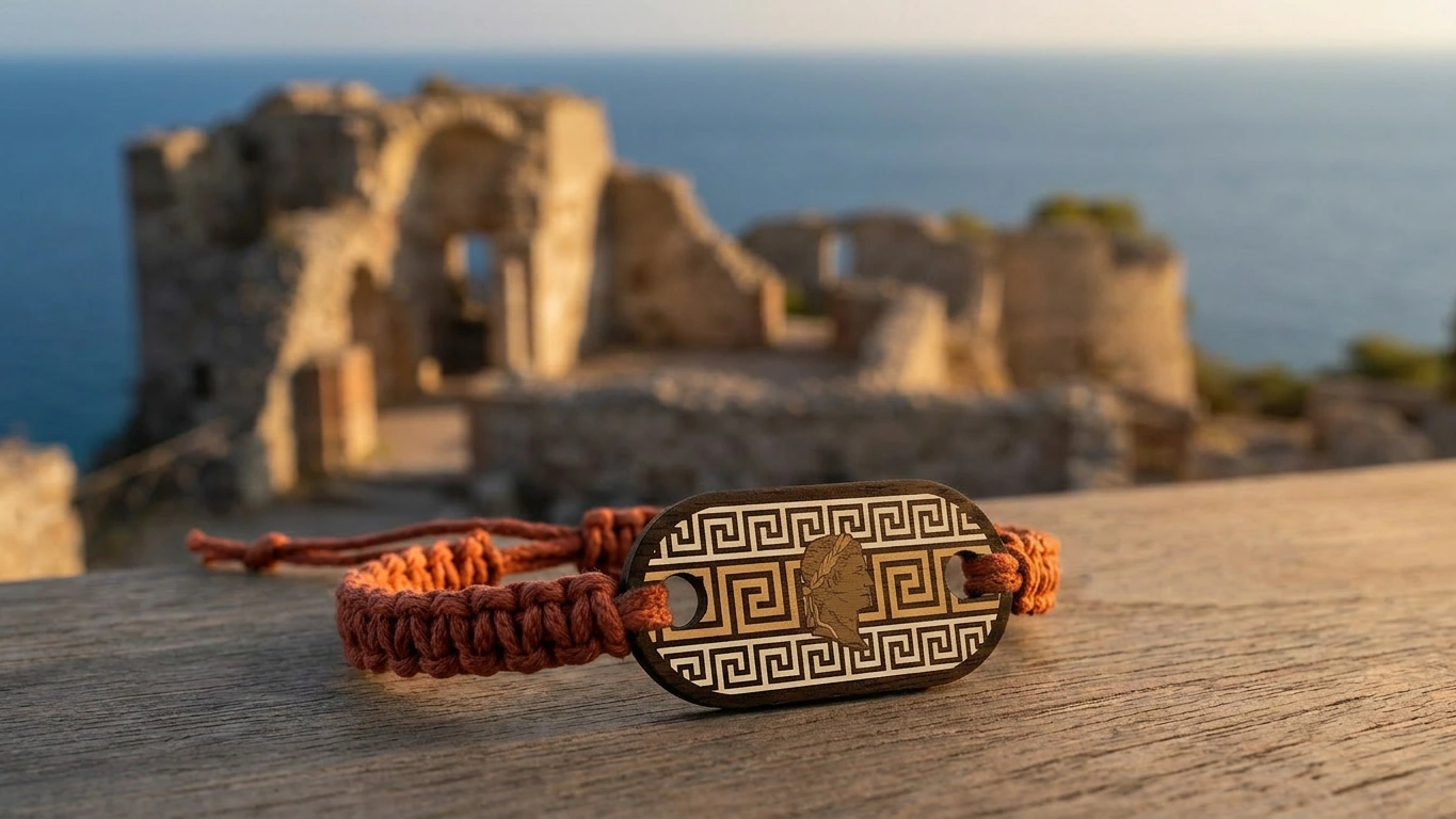 Villa Jovis heritage wooden RFID wristband by PrintPlast with Roman ruin masonry behind — Capri Collection for heritage palazzi