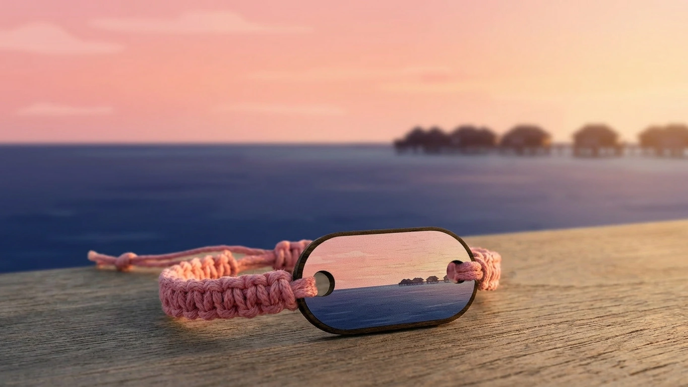 Atoll sundowner wooden RFID wristband by PrintPlast in pastel pink and Indian-Ocean indigo — Maldives Collection for honeymoon and overwater villa properties