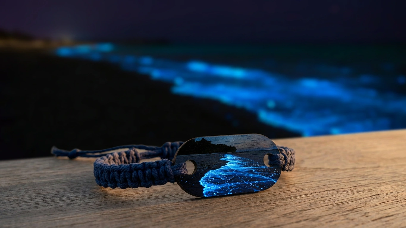Bioluminescent sand wooden RFID wristband by PrintPlast with electric-blue plankton glow on a night beach — Maldives Collection for adventure properties