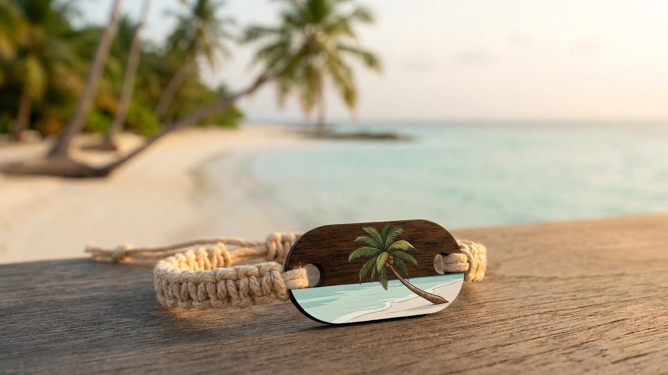 Coconut palm wooden RFID wristband by PrintPlast with leaning palm and white sand behind — Maldives Collection for beachfront villas