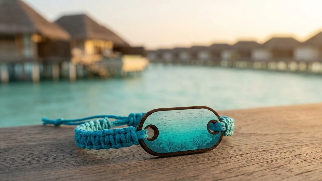 Lagoon turquoise wooden RFID wristband by PrintPlast on an overwater-bungalow ledge with the Maldivian lagoon behind — Maldives Collection for hotels