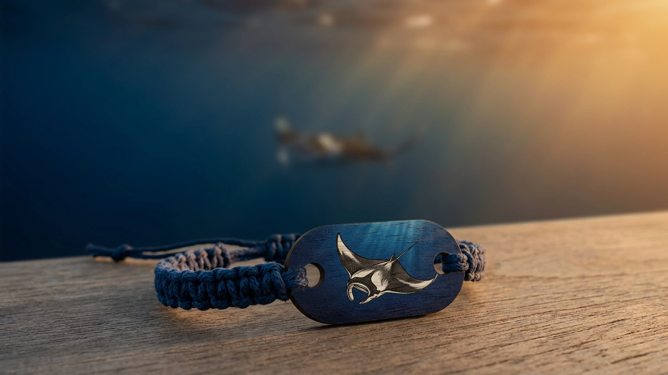 Manta ray wooden RFID wristband by PrintPlast with manta silhouette over deep-ocean indigo — Maldives Collection for dive-led properties