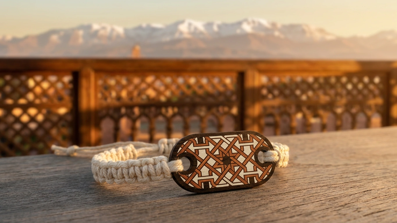 Atlas cedar inlay wooden RFID wristband by PrintPlast with a carved-cedar moucharaby panel behind — Marrakech Collection for design-led properties