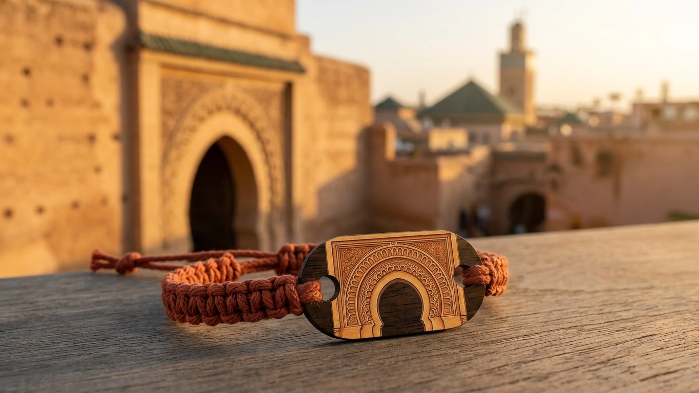 Bab Agnaou heritage wooden RFID wristband by PrintPlast with the ochre Almohad medina gate behind — Marrakech Collection for heritage hotels