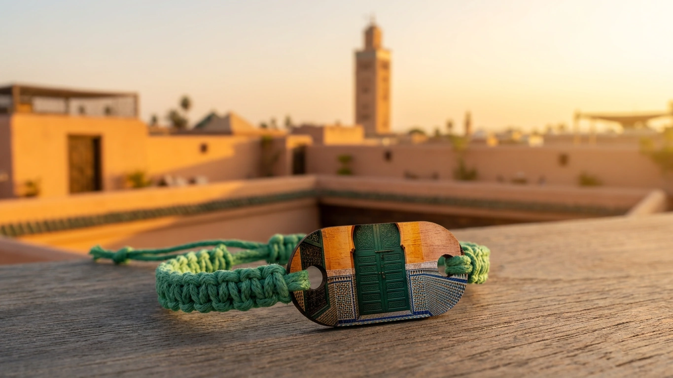 Riad courtyard sunset wooden RFID wristband by PrintPlast in jade green and amber — Marrakech Collection for honeymoon riads