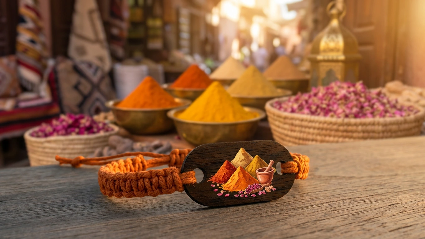 Saffron souk wooden RFID wristband by PrintPlast with spice-stall pyramids and rose petals behind — Marrakech Collection for F&B-led properties