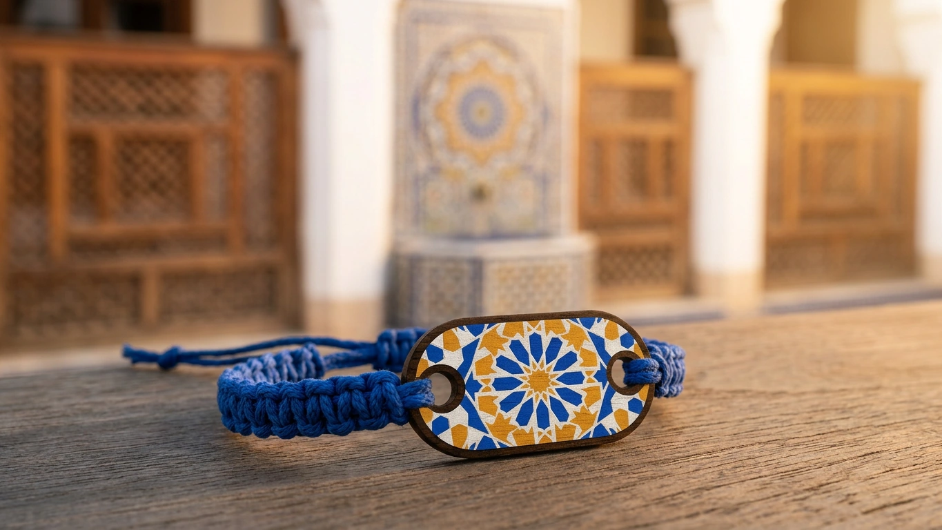 Zellige tile mosaic wooden RFID wristband by PrintPlast on a riad courtyard ledge with carved cedar lattice behind — Marrakech Collection for hotels