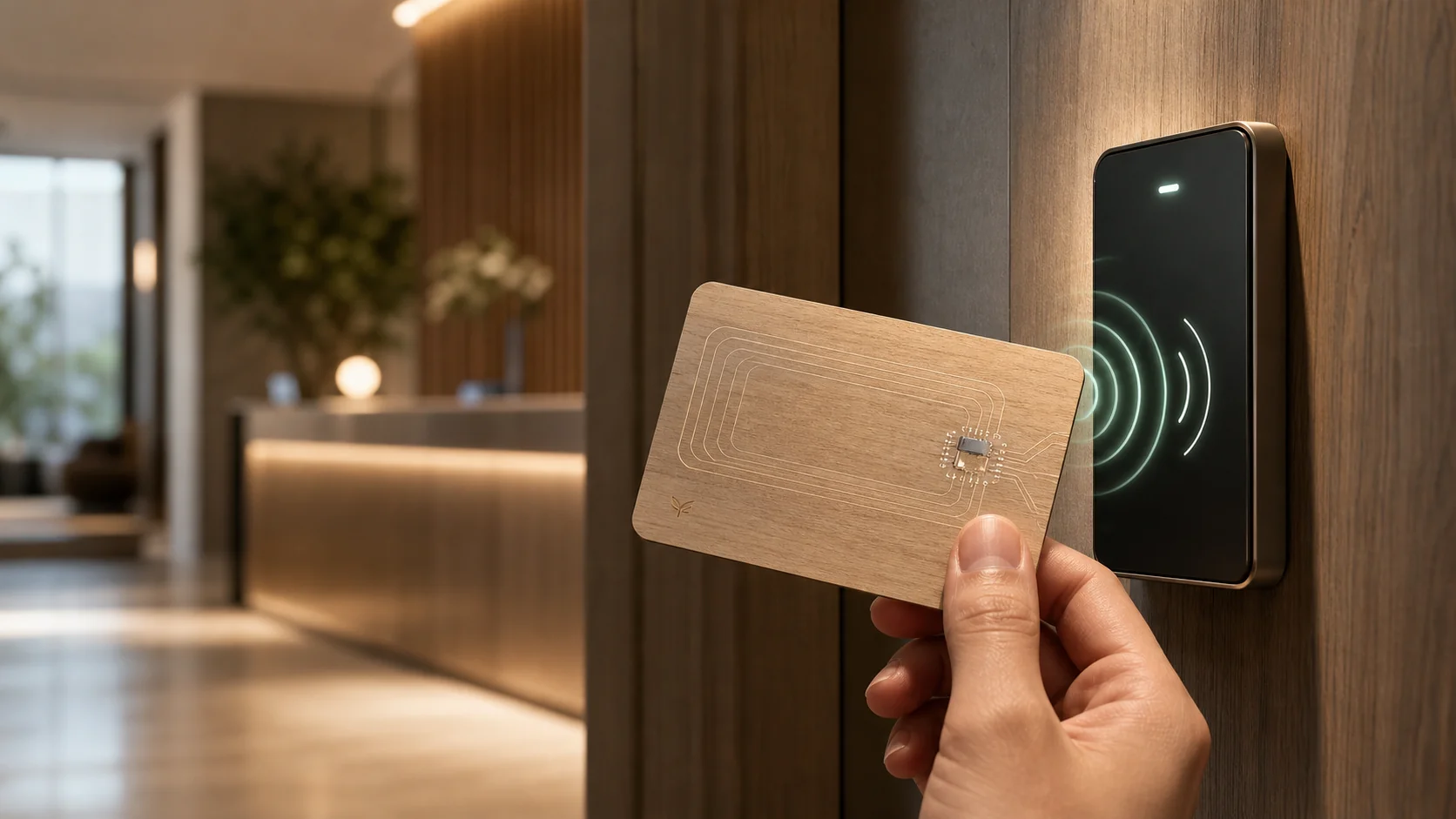 RFID card explainer showing embedded chip, antenna, frequency bands, and contactless reader field