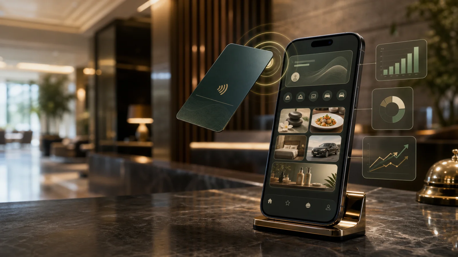 Hotel key card tapping a smartphone that displays an AI concierge interface for spa, dining, late checkout, and transport services
