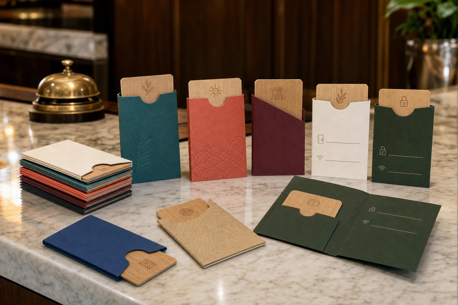 Boutique hotel check-in desk with a guest receiving a colored paper sleeve holding a wooden RFID key card
