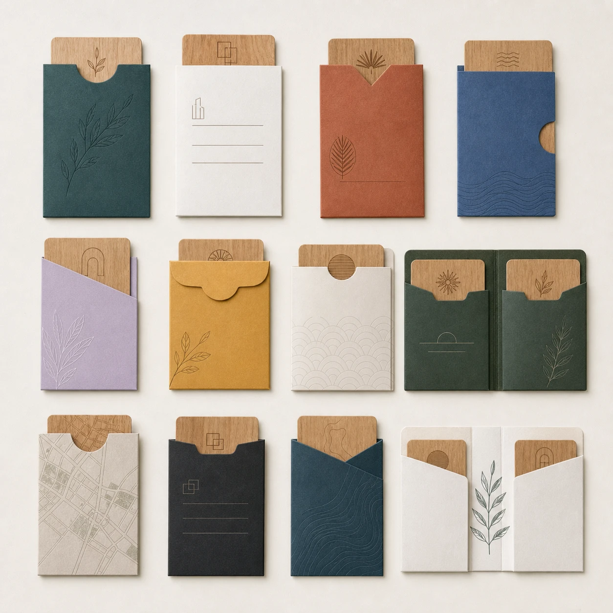 Grid of hotel key card sleeve opening formats showing thumb-notch, side-pull, window-cut and full-cover styles holding wooden cards