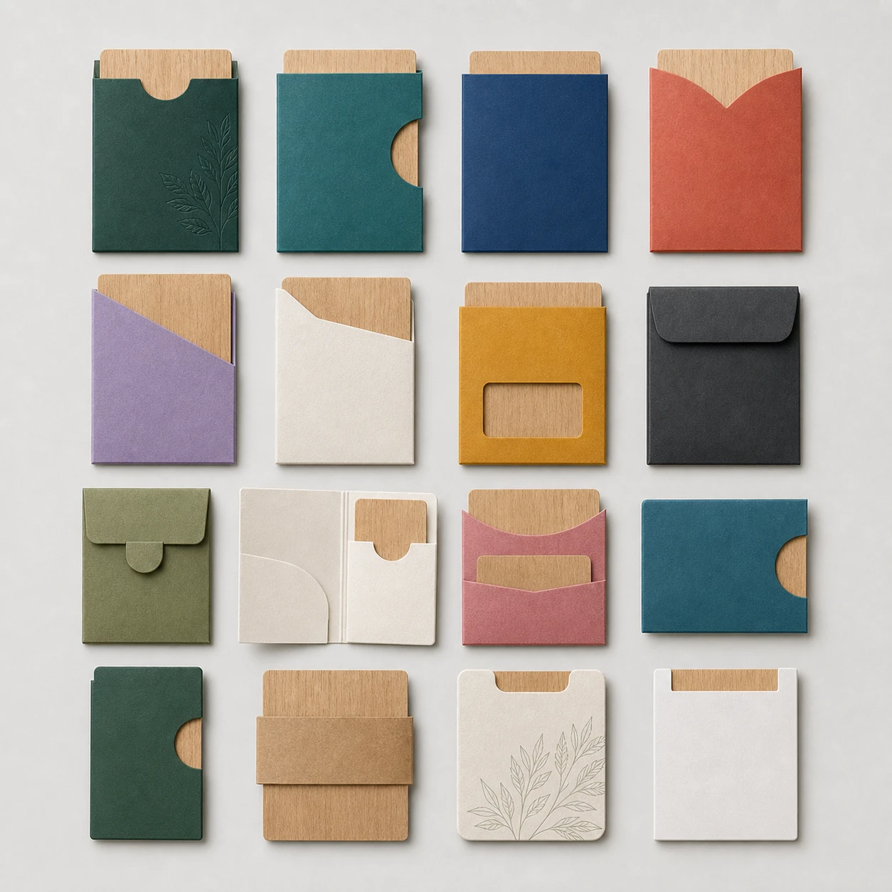 Overhead grid of sixteen hotel key card sleeve shapes and closures in different colors and paper stocks, several holding wooden cards