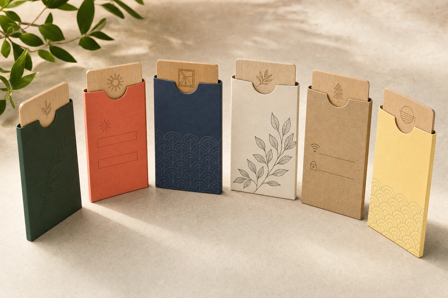 Six colored FSC paper hotel key card sleeves in a row, each holding a wooden RFID key card with a laser-engraved icon