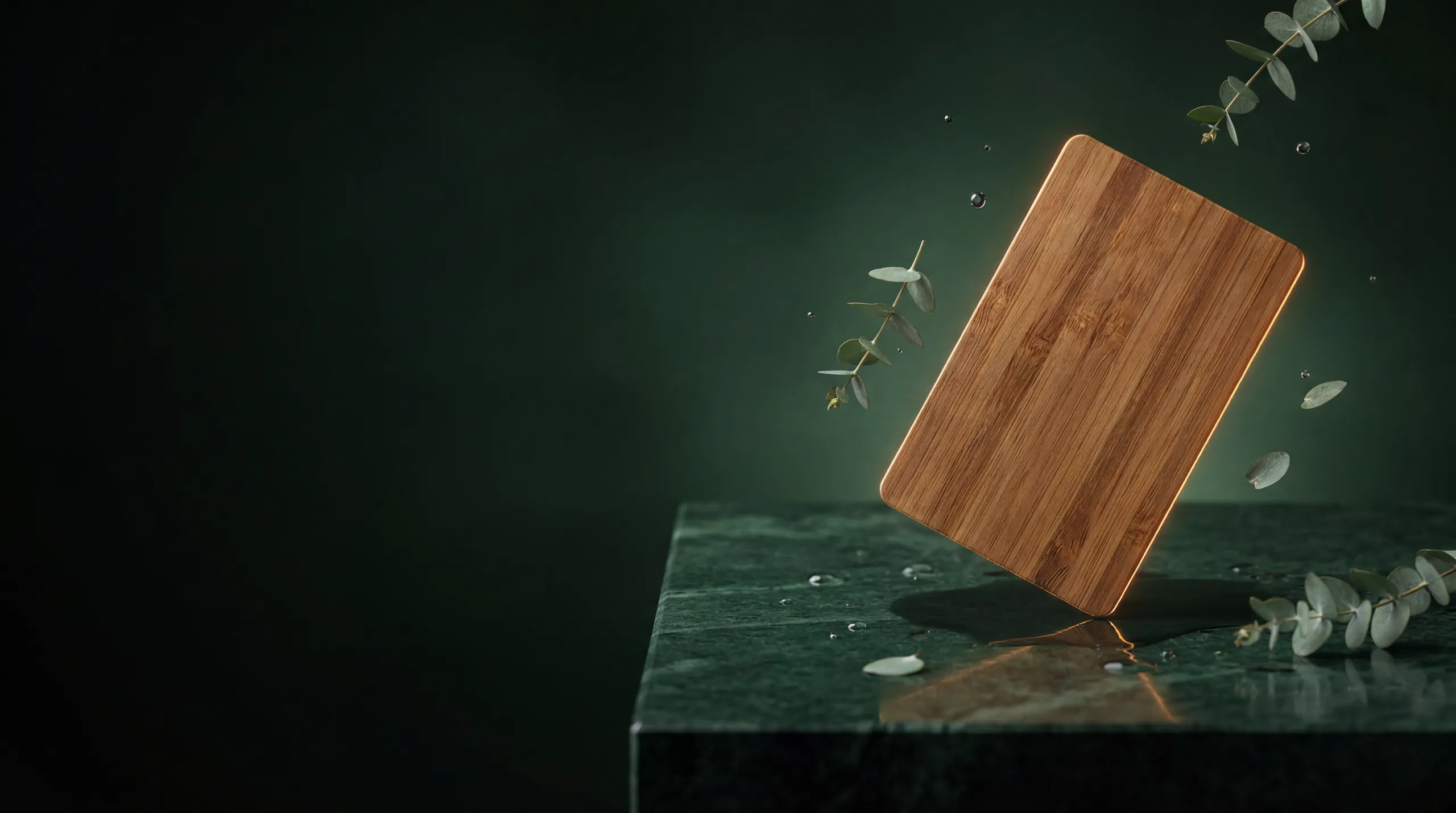 Premium PrintPlast RFID hotel key cards in bamboo, green and white with eucalyptus on a dark green surface
