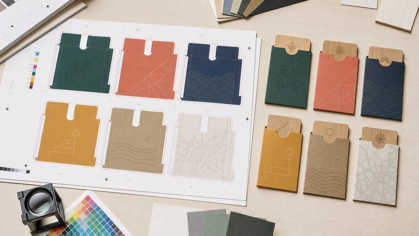 Print-ready dieline and bleed proof for a hotel key card sleeve laid next to finished colored sleeves holding wooden cards
