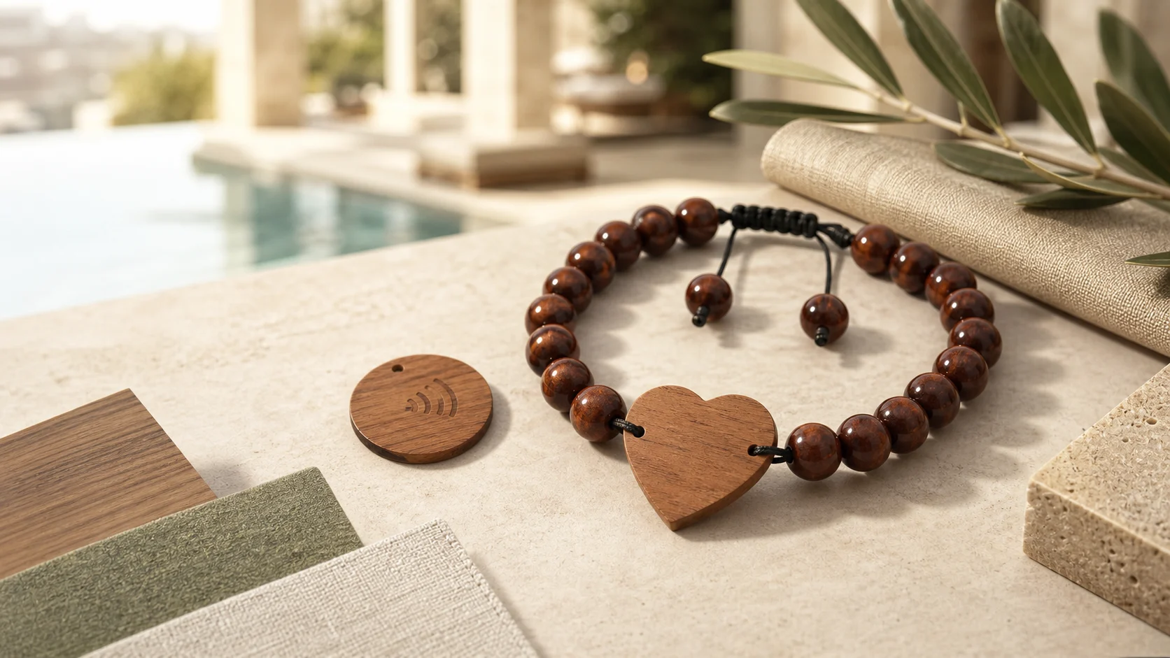 Custom wooden bead RFID wristband with a wooden heart tag on a luxury resort material desk