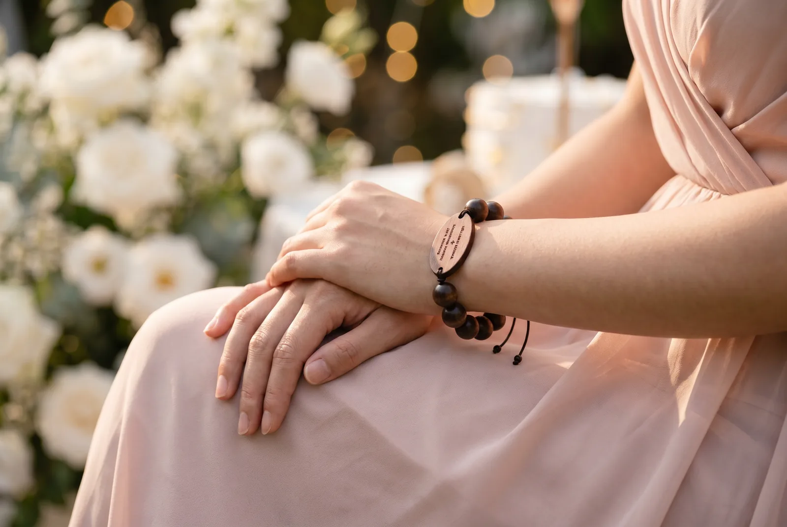 Wedding guest wearing the engraved wooden bead NFC wristband, manufactured by PrintPlast for Wearable Wedding