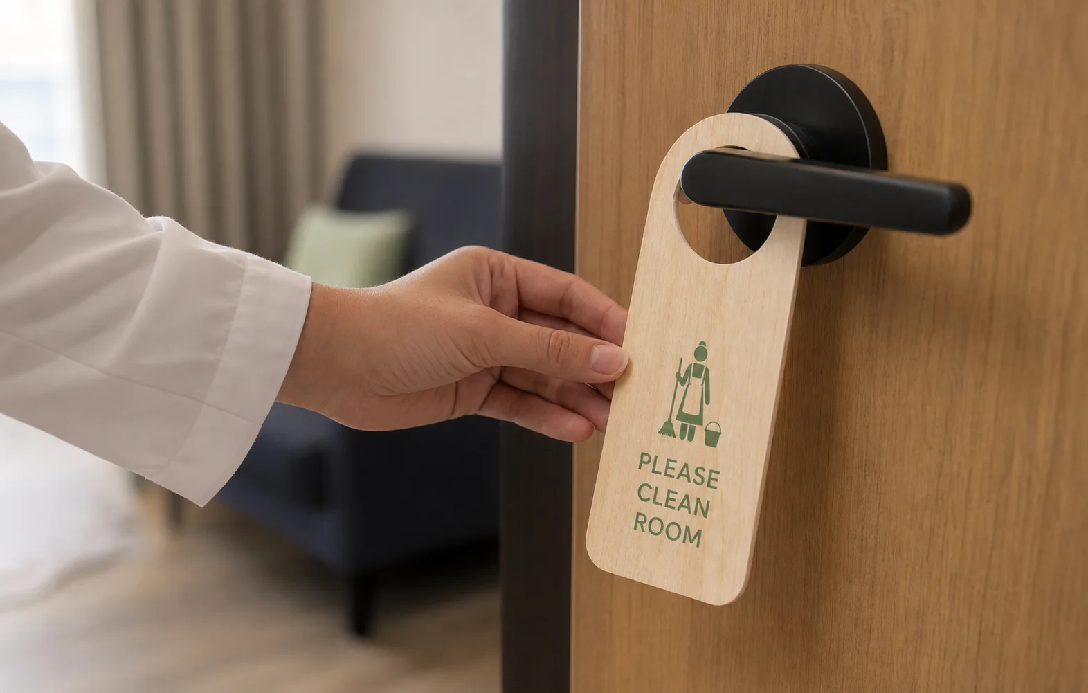 Housekeeper placing a wooden Please Clean Room hanger on a hotel room door handle