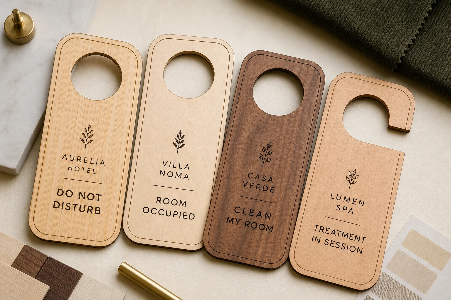 Custom branded wooden hotel door hanger sample set with fictional hotel names