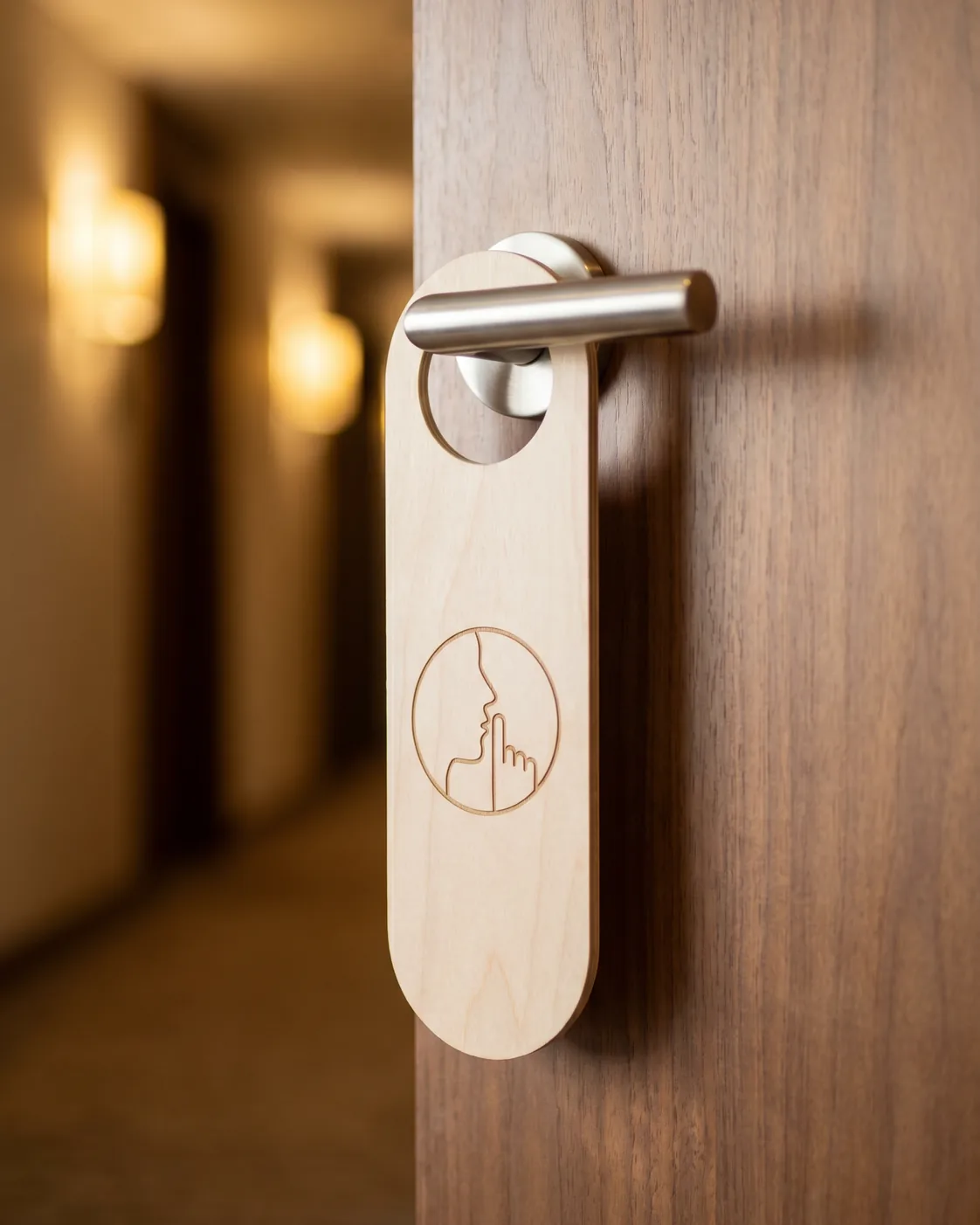 Birch wooden Do Not Disturb door hanger with an engraved quiet icon on a luxury hotel room lever handle in a softly lit corridor