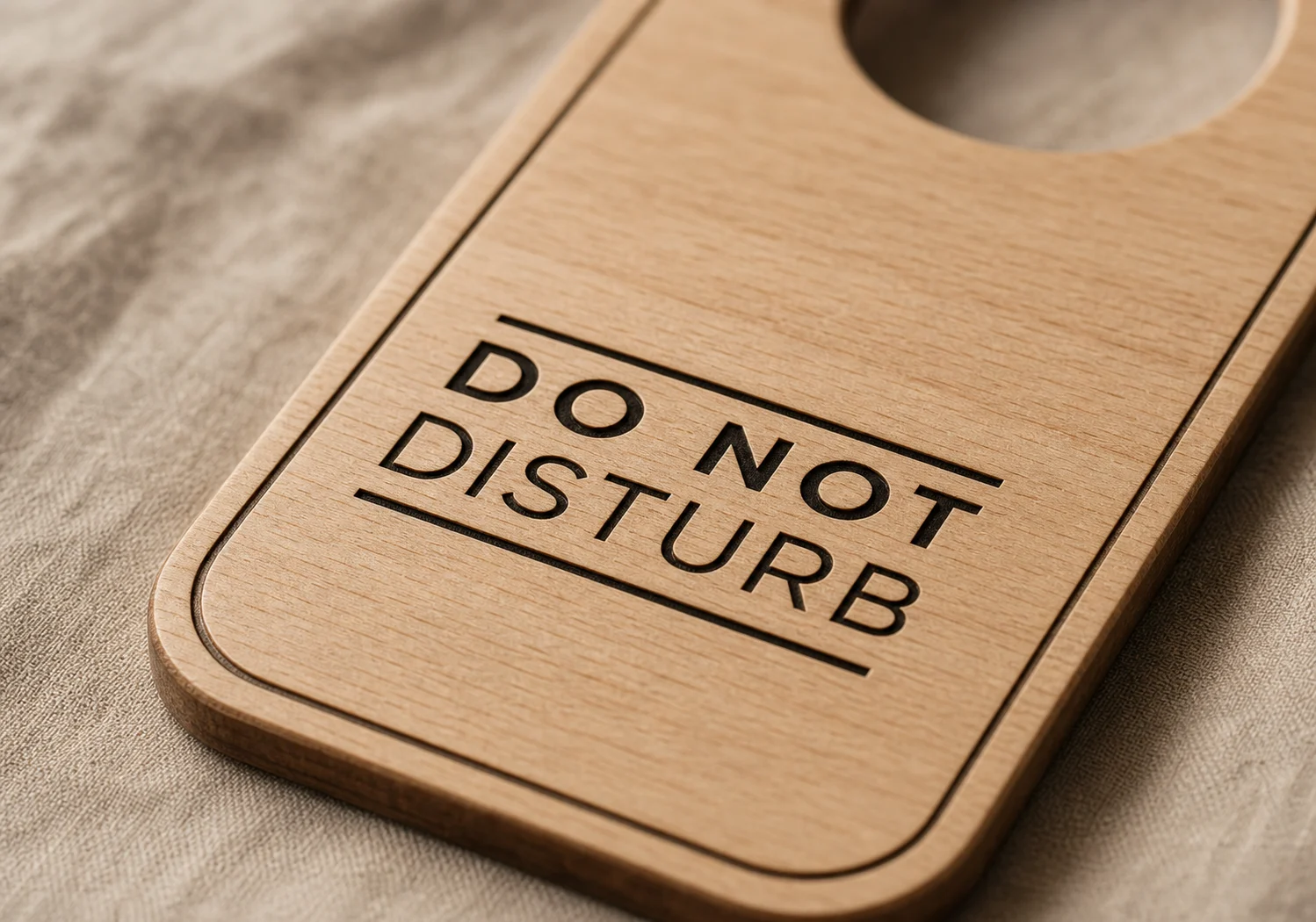 Macro detail of engraved Do Not Disturb text on wooden hotel door hanger