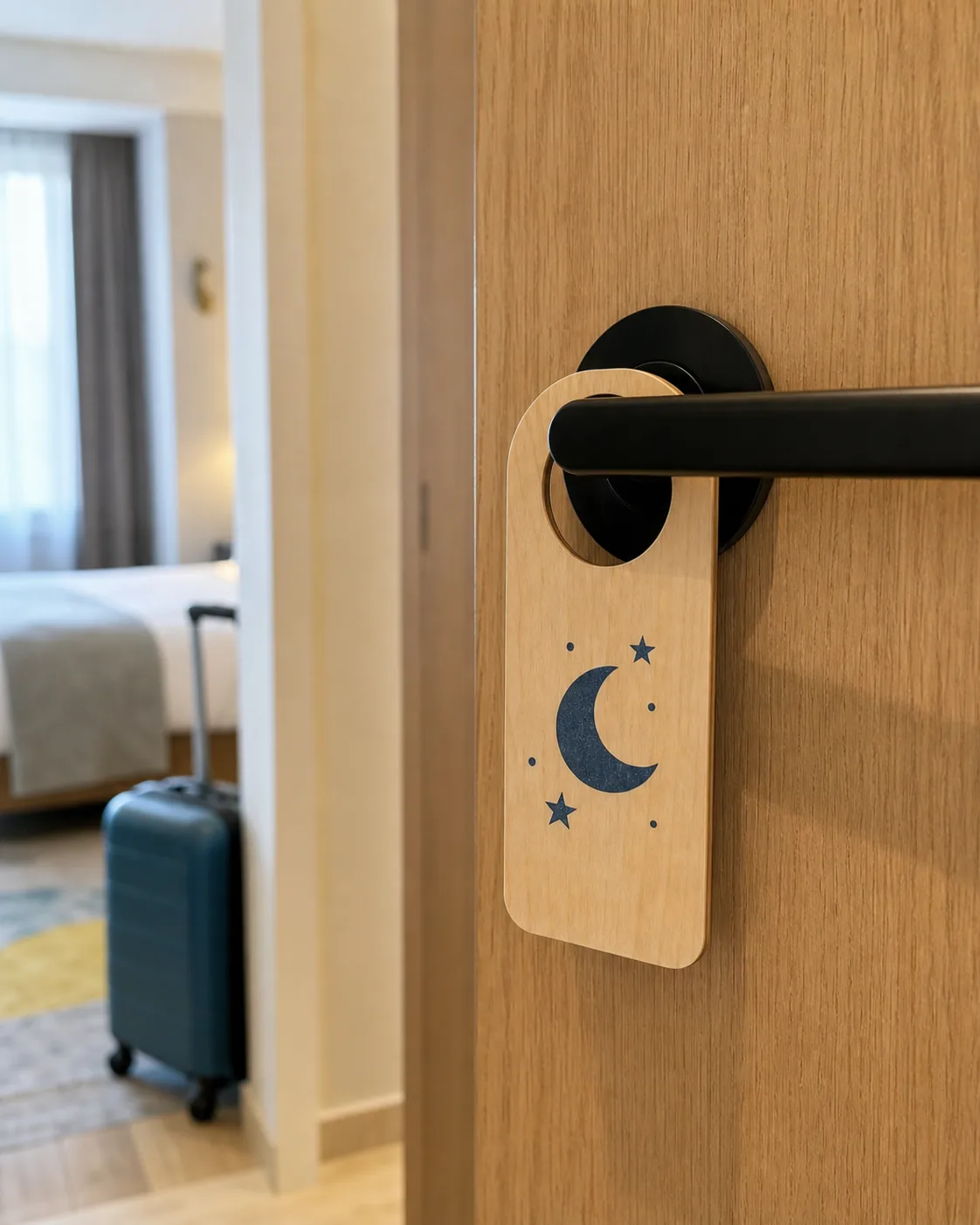 Wooden family-suite door hanger printed with a navy moon and stars on an oak hotel door, with the guest room and a suitcase visible beyond