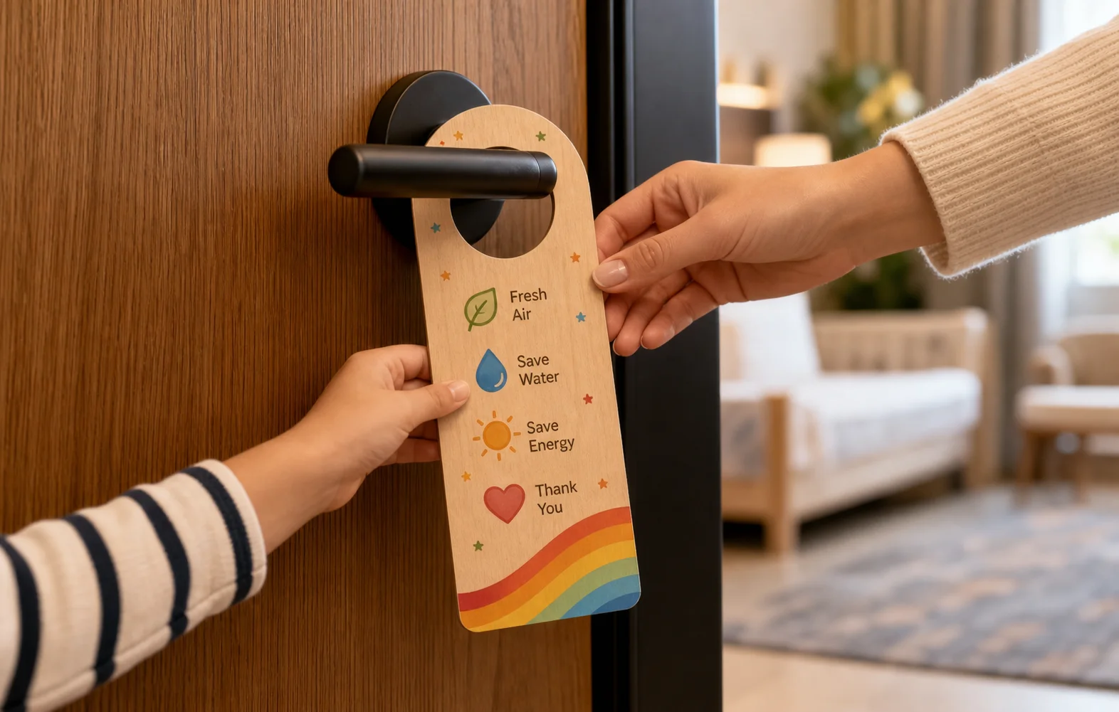 Child and adult hands placing a colorful wooden family-suite door hanger on a hotel room handle