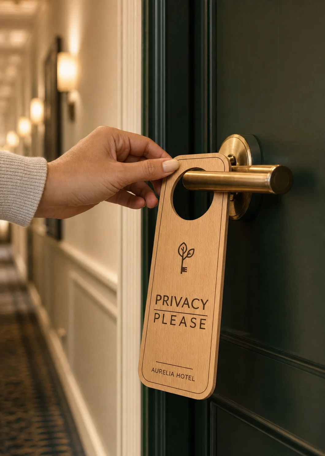 Guest placing wooden Privacy Please door hanger on hotel room handle