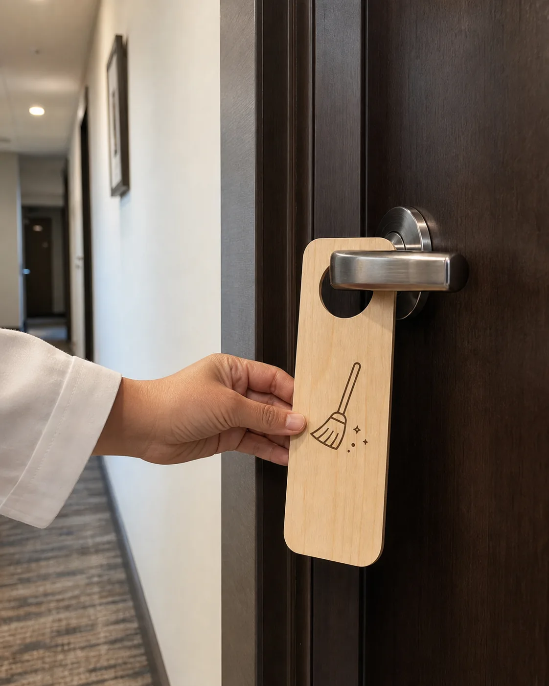Housekeeper's hand placing a wooden Clean My Room door hanger with an engraved broom icon on a hotel room lever handle