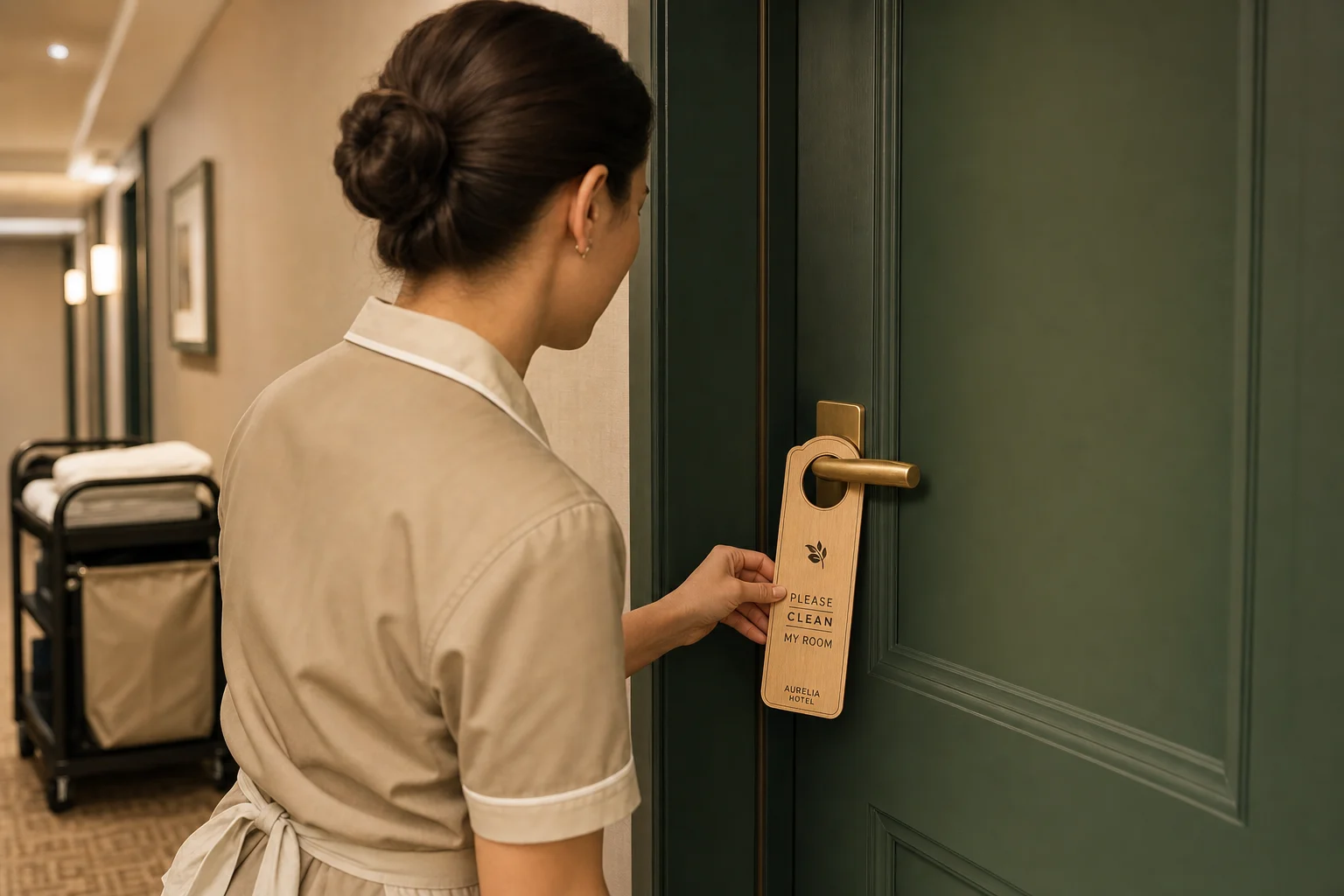 Housekeeper checking wooden Please Clean My Room hanger on hotel door