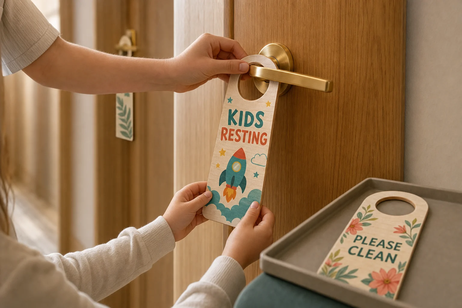 Family placing a colorful kids wooden hotel door hanger on a guest-room door handle