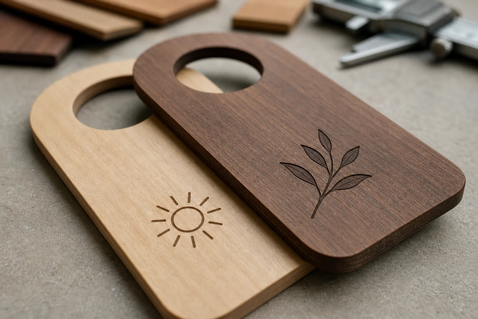 Close-up of two wooden door hangers showing a laser-engraved sun icon on birch and a botanical leaf sprig on black walnut, with wood samples and a caliper behind