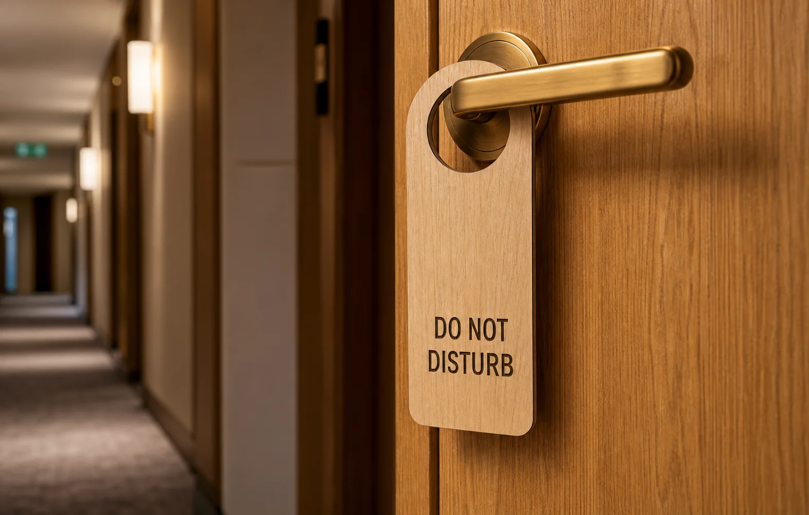 Ultra-realistic wooden Do Not Disturb hanger on a brass hotel door handle