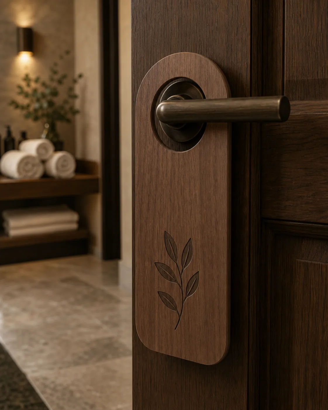 Dark walnut spa door hanger with an engraved botanical leaf sprig on a treatment-room door, rolled towels and eucalyptus in the background