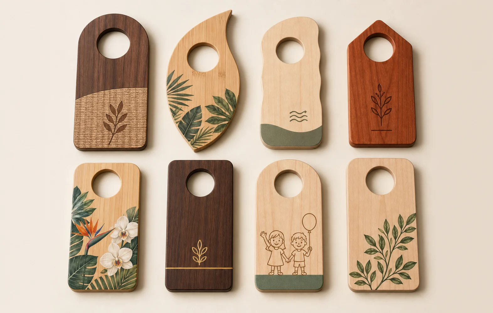 Color printed custom wooden hotel door hangers in multiple shapes and wood tones