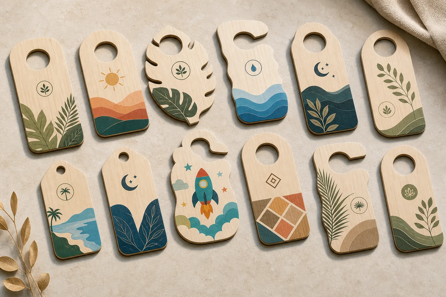 Color printed custom wooden hotel door hangers in multiple shapes with botanical, geometric, and kids designs