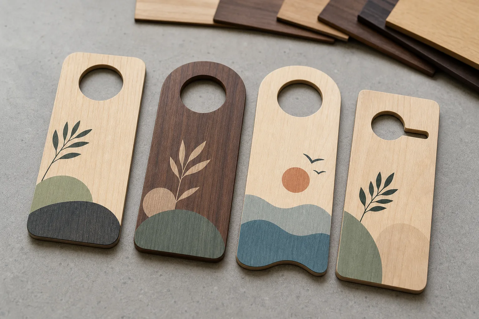 Four colour-printed wooden hotel door hangers in different shapes and wood tones with botanical, sunrise and coastal designs on a concrete surface