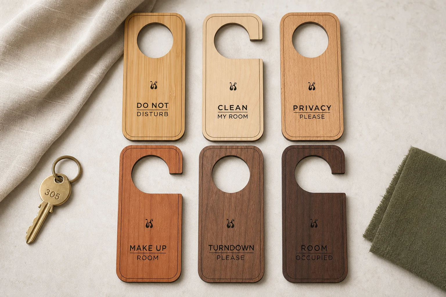 Set of wooden hotel door hangers with different housekeeping messages