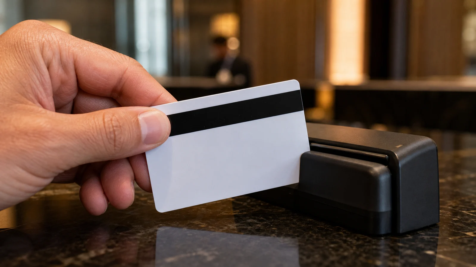 Standard magnetic stripe hotel key card being re-encoded at a front desk encoder