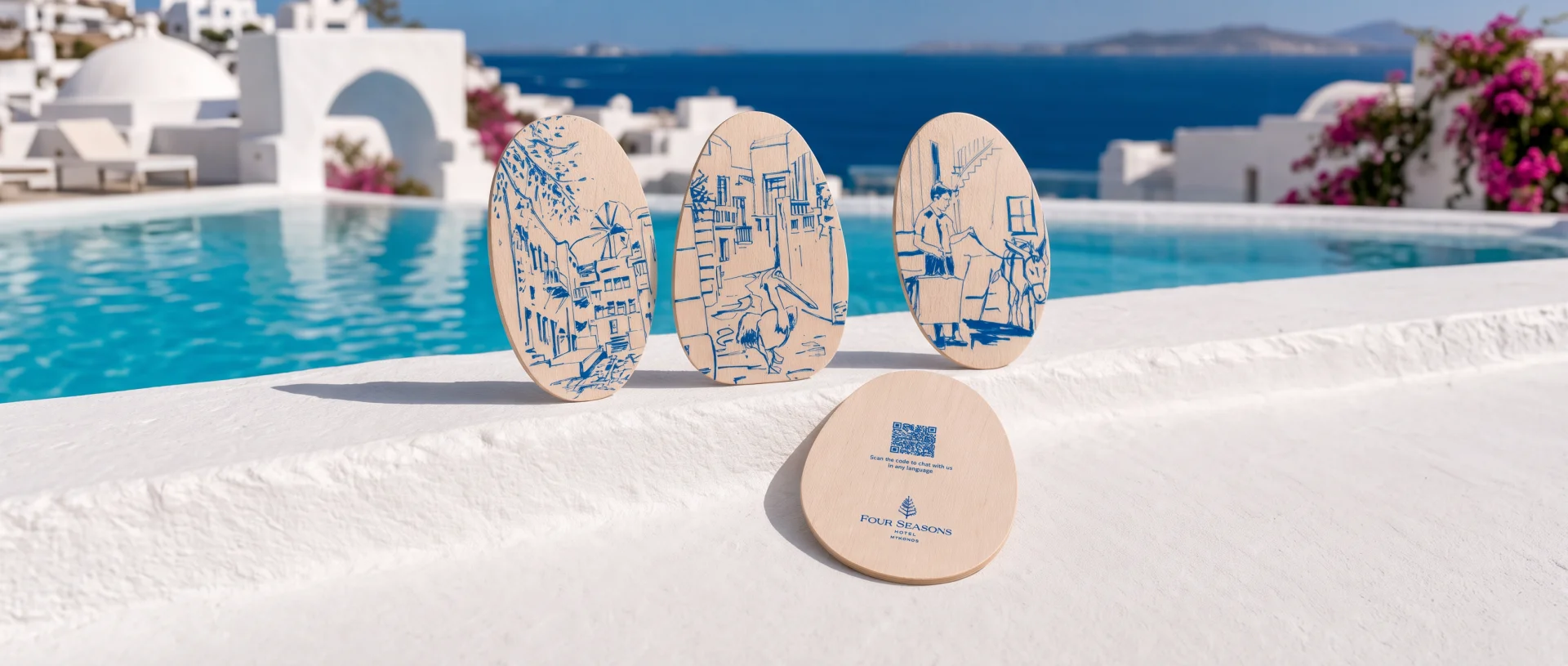 Four pebble-shaped wooden key cards with Cycladic blue Mykonos artwork on a whitewashed pool ledge overlooking the Aegean Sea
