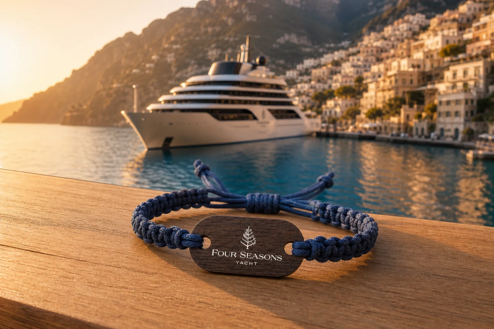 Four Seasons Yacht wooden RFID wristband on a teak rail overlooking a Mediterranean harbor at sunset, with the Four Seasons yacht anchored beyond