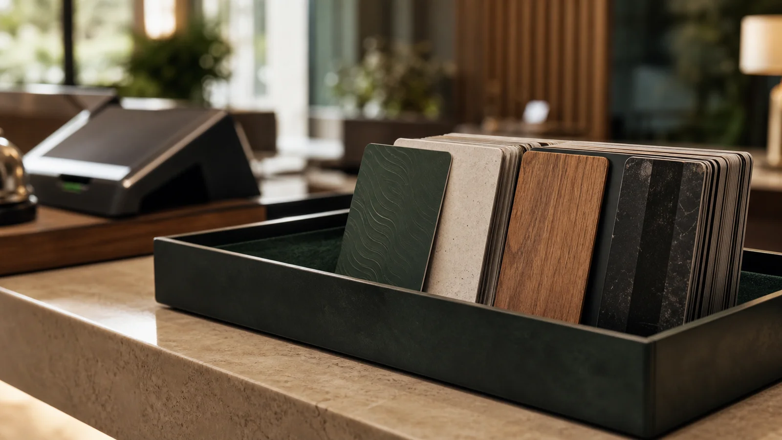 Returned hotel key cards in a front desk tray representing reuse and card lifespan