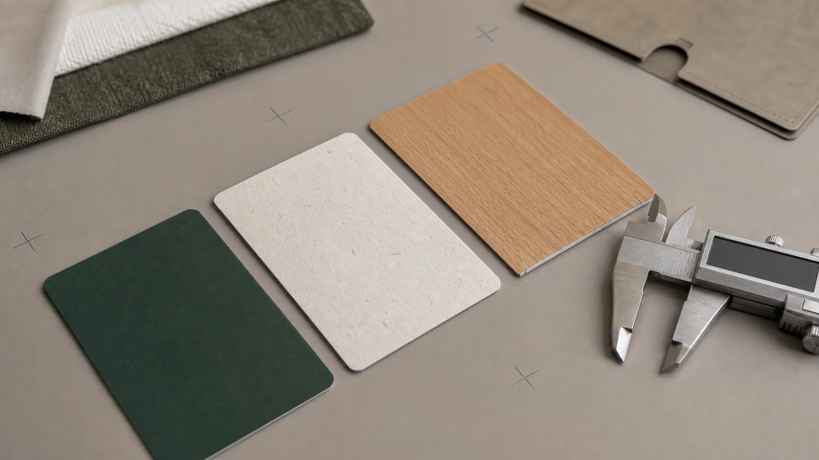 CR-80 hotel key cards measured with a precision caliper on a design workbench
