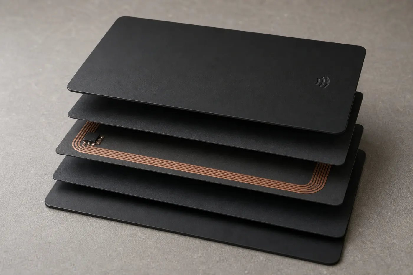 Exploded view of a matte black metal RFID card showing the metal faces, the copper antenna coil and the chip between them