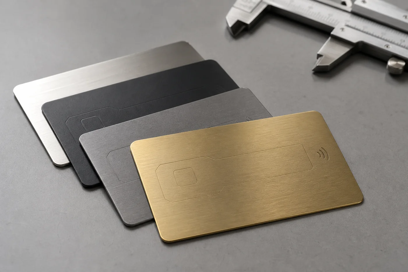 Four metal RFID cards fanned out on a grey surface in brushed stainless, matte black, gunmetal and brass finishes, with engineering calipers alongside